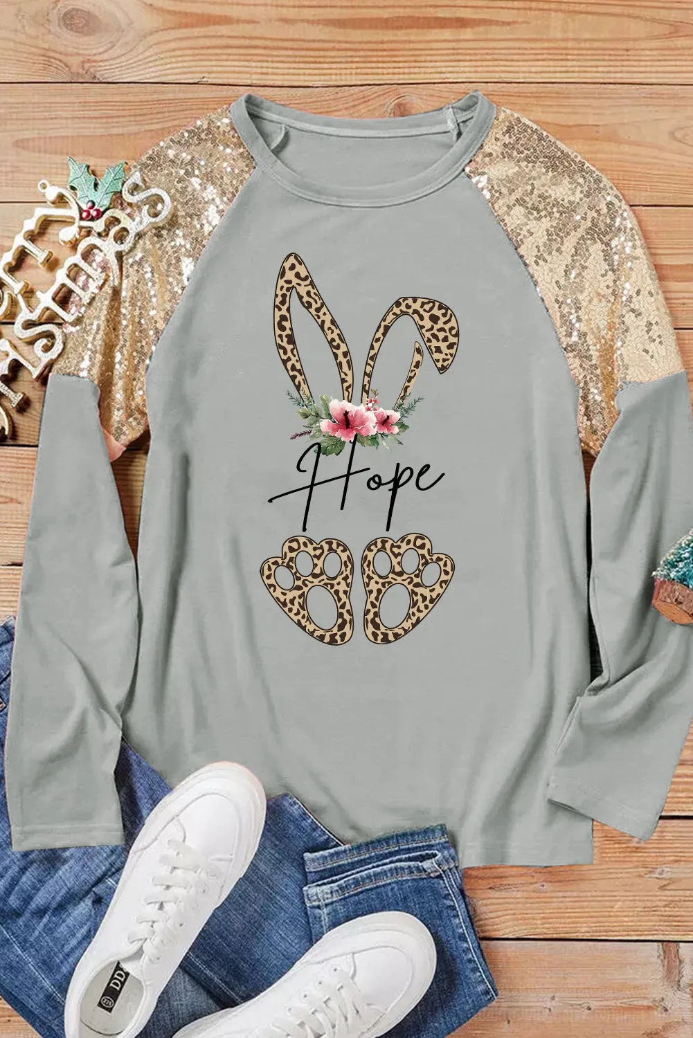 Gray Bunny Hope Print Sequin Patchwork Long Sleeve Sweatshirt