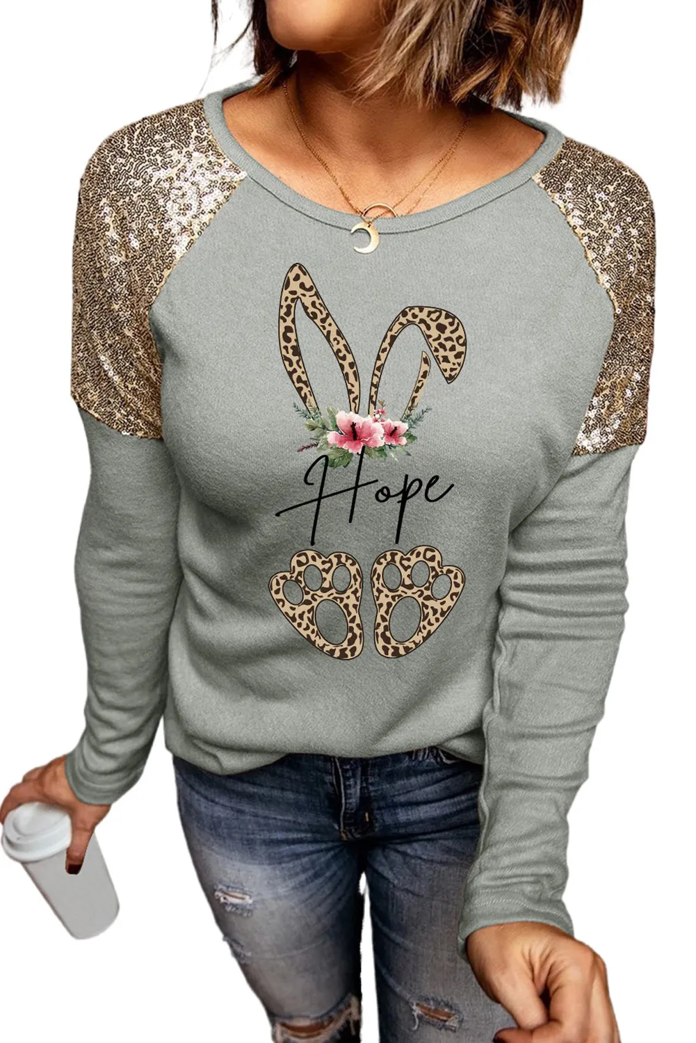 Gray Bunny Hope Print Sequin Patchwork Long Sleeve Sweatshirt