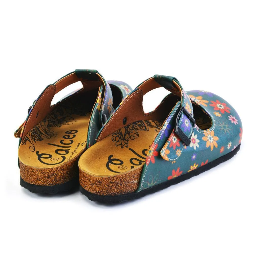 Green and Colored Mixed Flowers Patterned Clogs - CAL1504