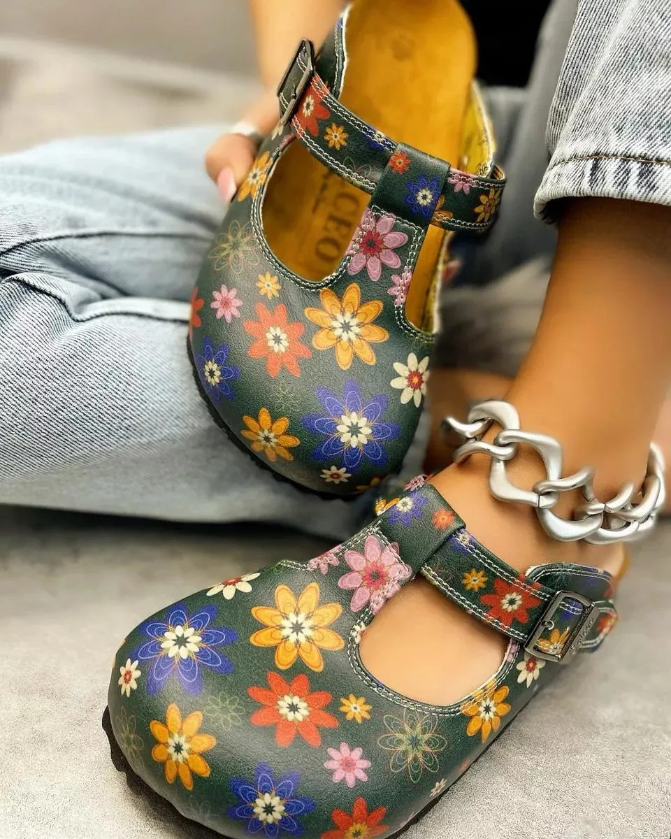 Green and Colored Mixed Flowers Patterned Clogs - CAL1504