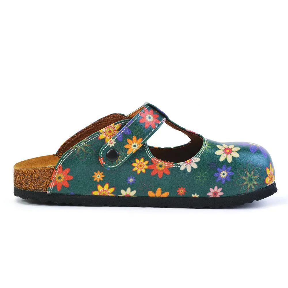 Green and Colored Mixed Flowers Patterned Clogs - CAL1504