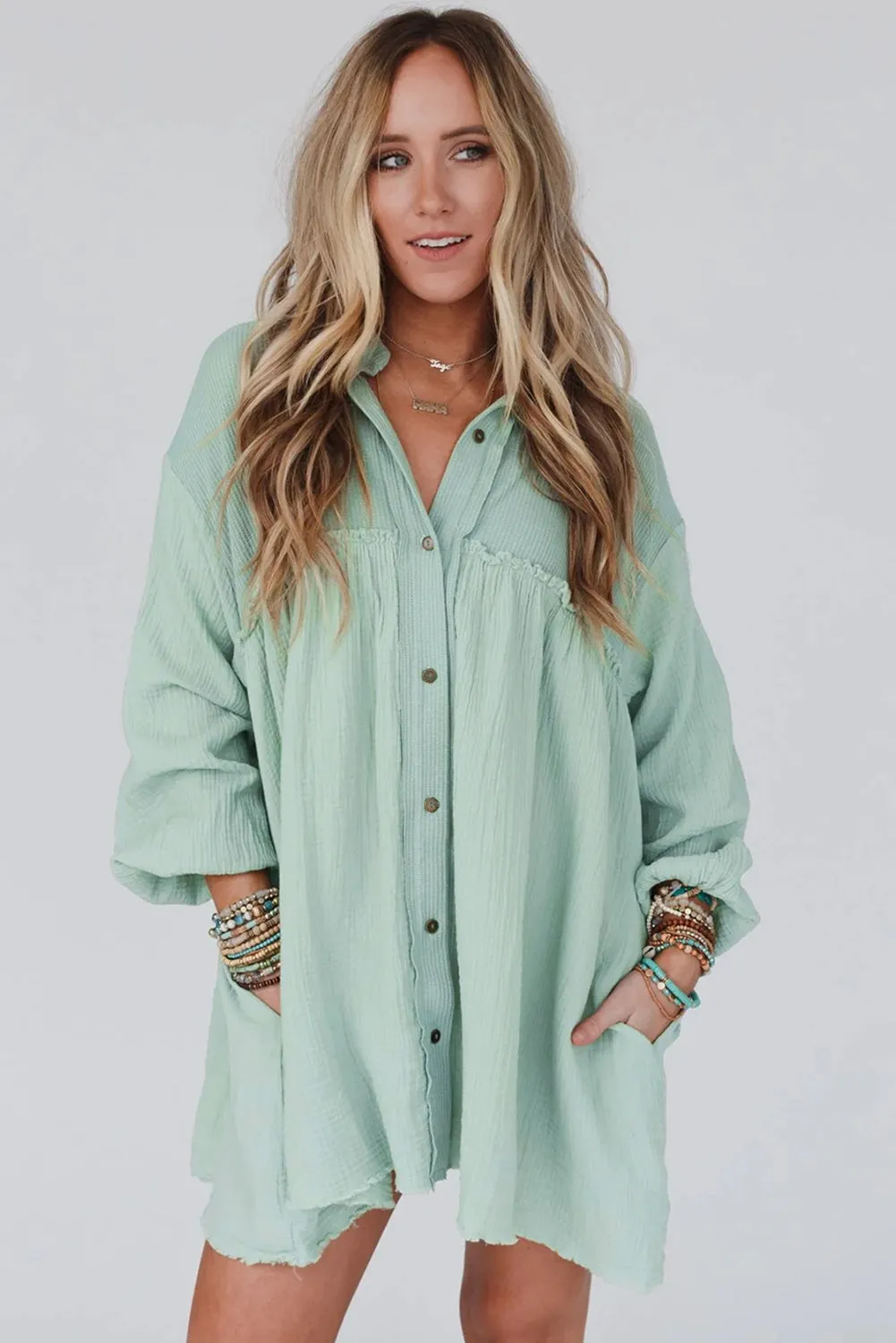 Green Patchwork Crinkle Puff Sleeve Shirt Dress