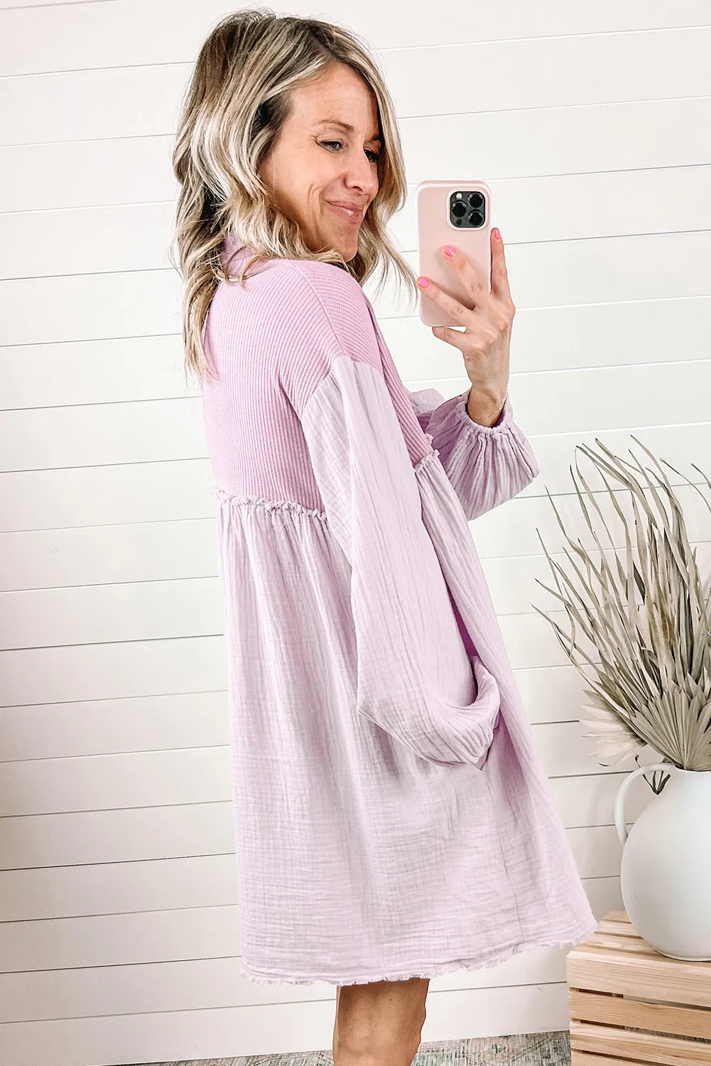 Green Patchwork Crinkle Puff Sleeve Shirt Dress