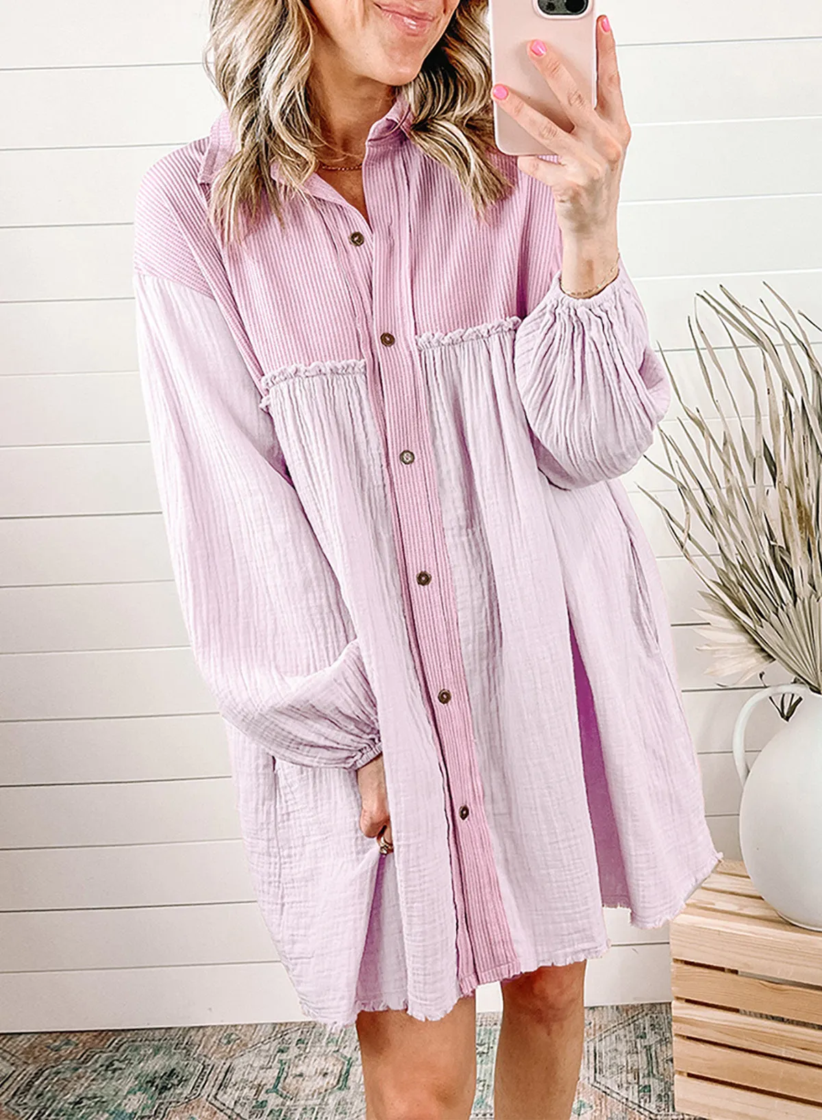 Green Patchwork Crinkle Puff Sleeve Shirt Dress