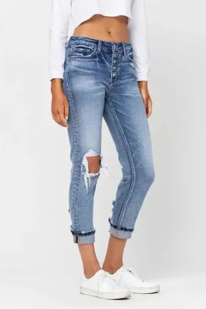 High Rise Button Fly Cuffed Boyfriend Jeans