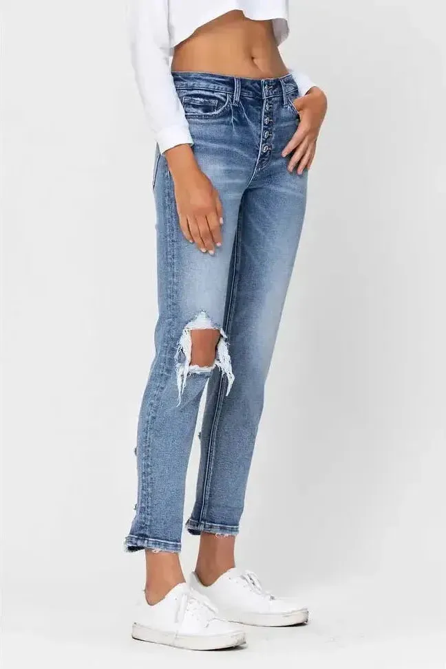 High Rise Button Fly Cuffed Boyfriend Jeans