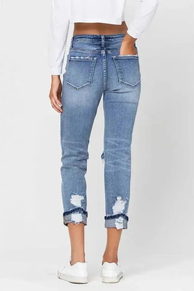 High Rise Button Fly Cuffed Boyfriend Jeans