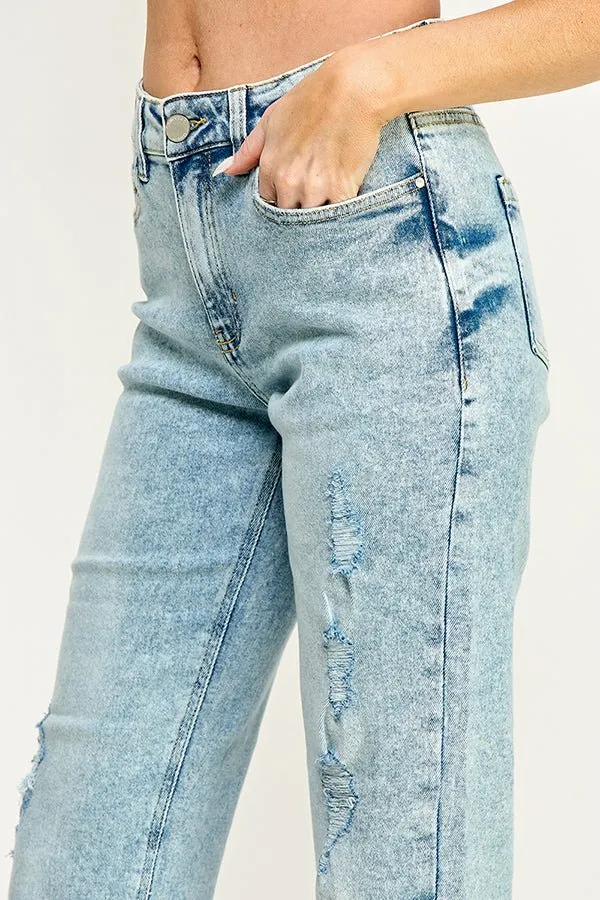 HIGH RISE DISTRESSED ANKLE STRAIGHT JEANS