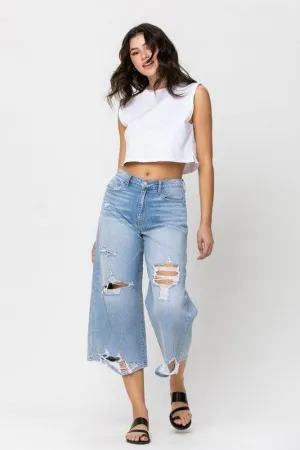 HIGH RISE DISTRESSED CROP WIDE LEG JEAN