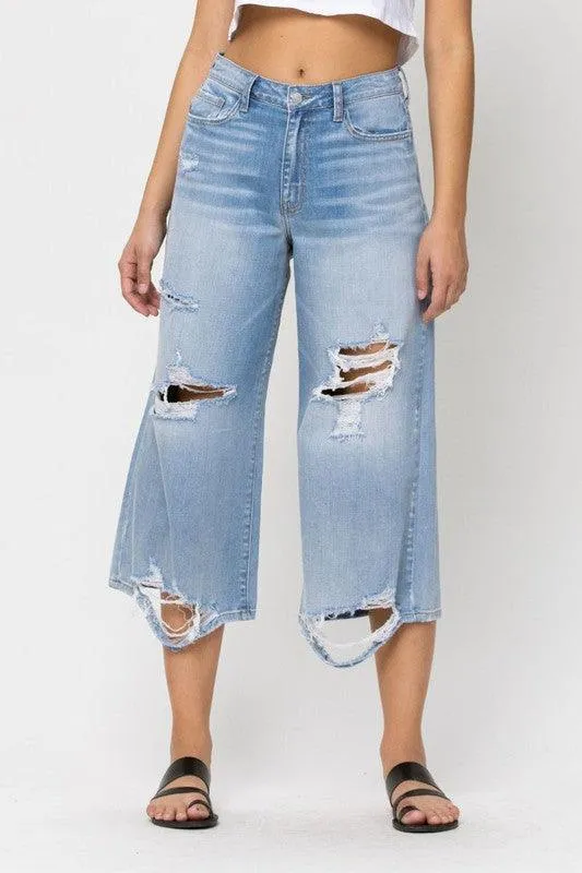 HIGH RISE DISTRESSED CROP WIDE LEG JEAN