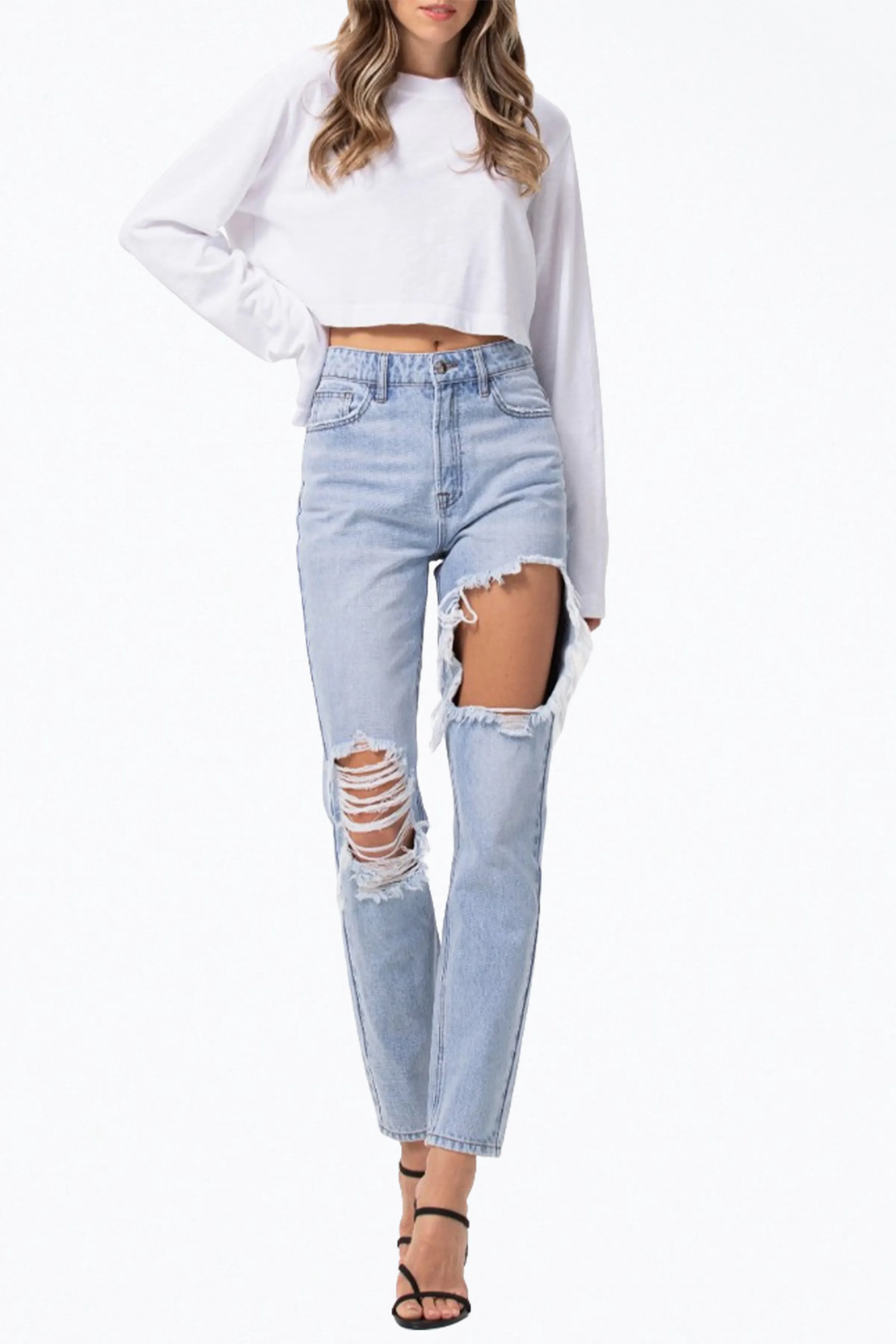 HIGH-RISE DISTRESSED TAPERED JEANS