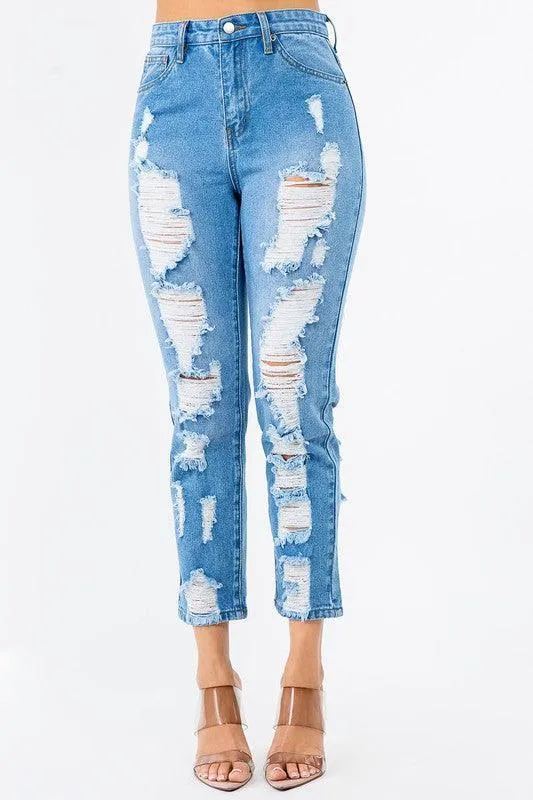 HIGH WAIST DISTRESSED BOYFRIEND JEANS