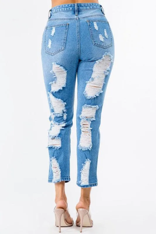 HIGH WAIST DISTRESSED BOYFRIEND JEANS
