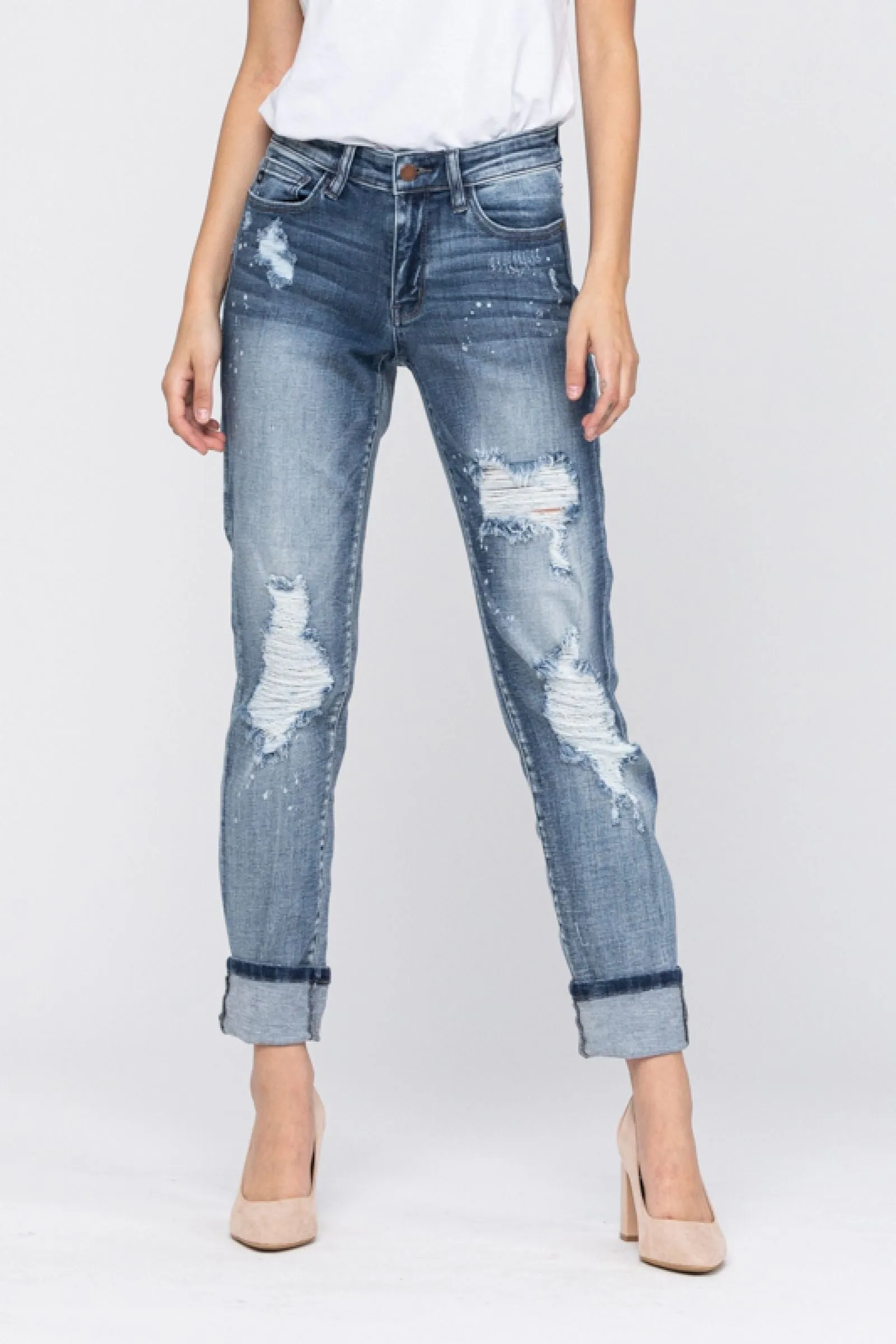 JUDY BLUE DESTROYED BLEACH SPLATTER BOYFRIEND JEANS