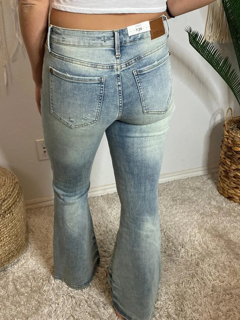Judy Blue Mid Rise Flare Faded Jeans