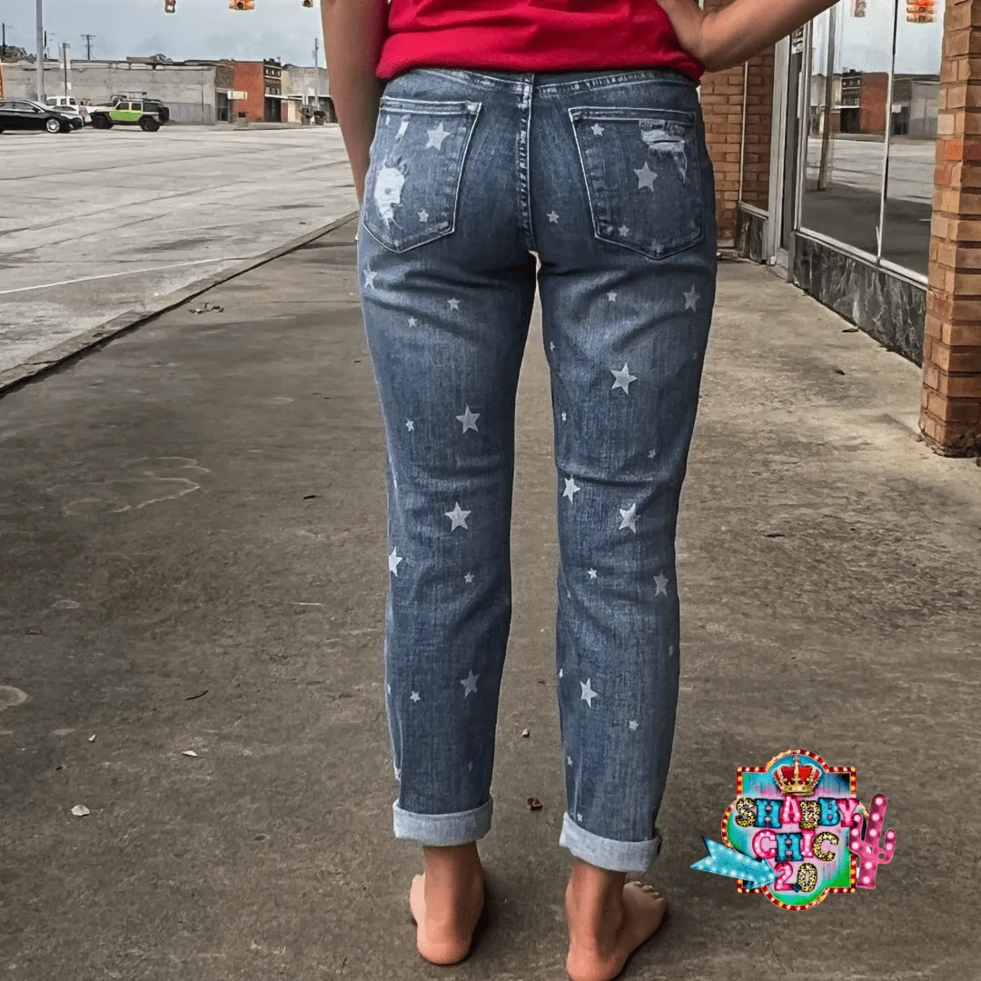 Judy Blue Mid Rise Star Crossed Distressed Cuff Jeans