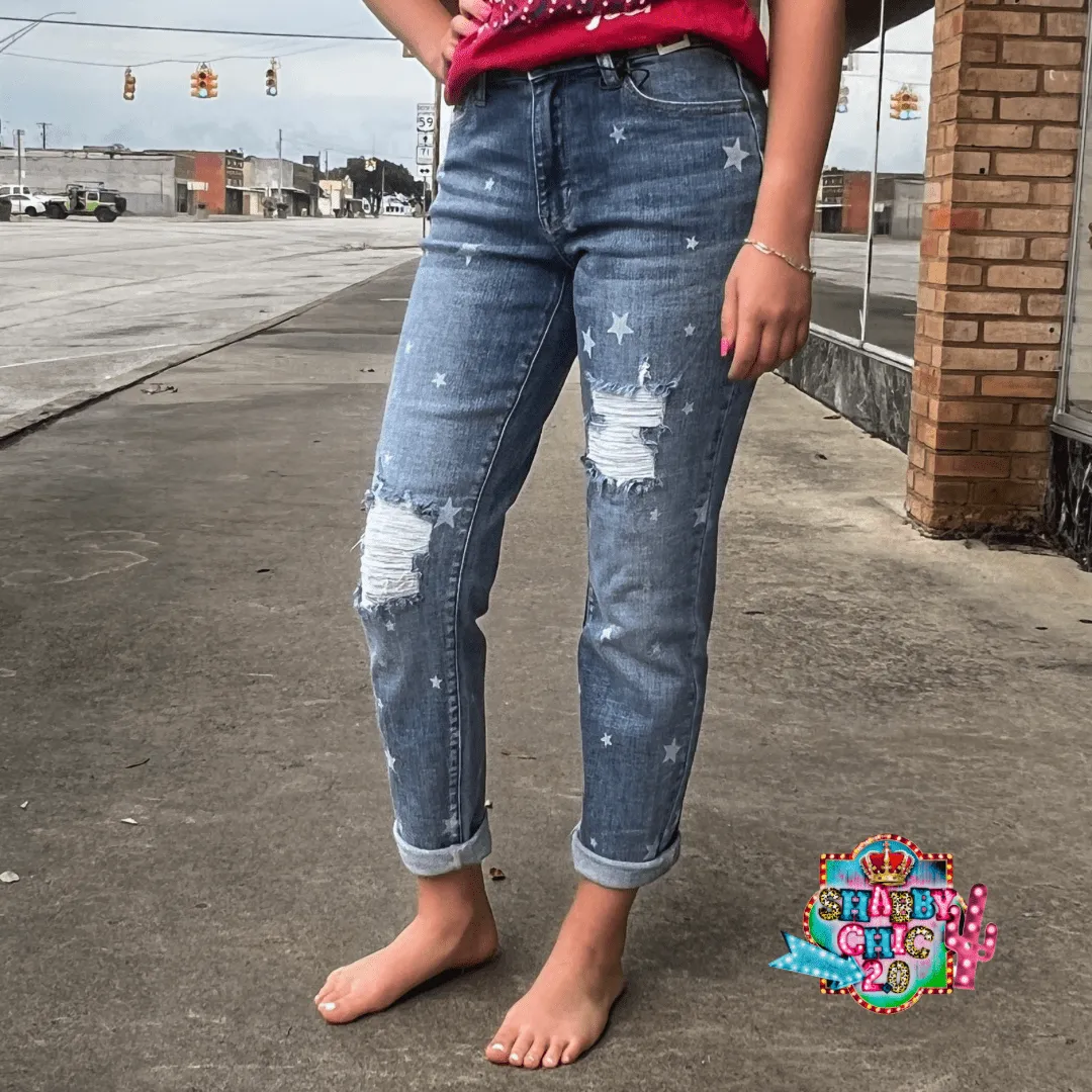 Judy Blue Mid Rise Star Crossed Distressed Cuff Jeans