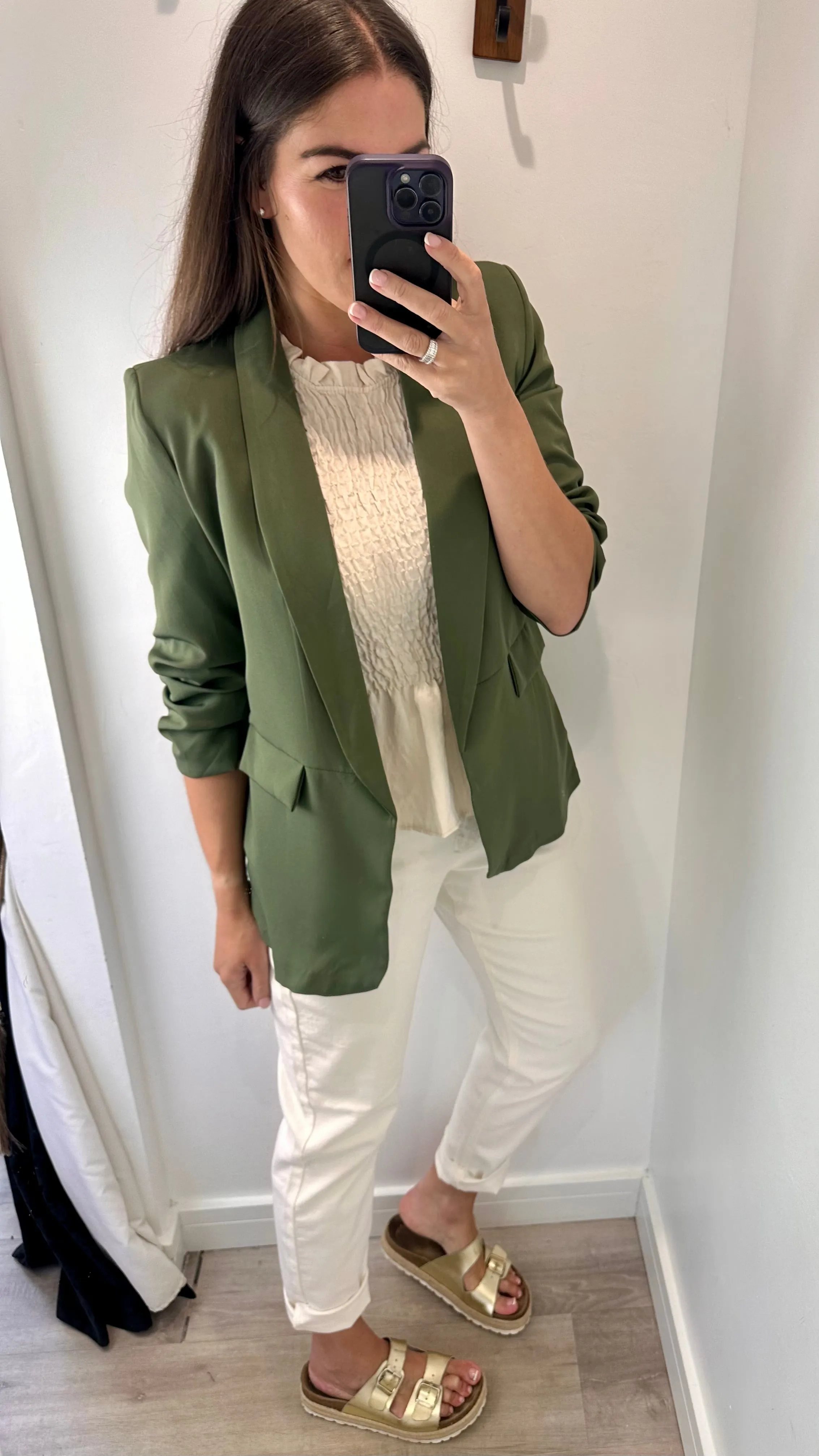 KHAKI RUCHED SLEEVE BLAZER