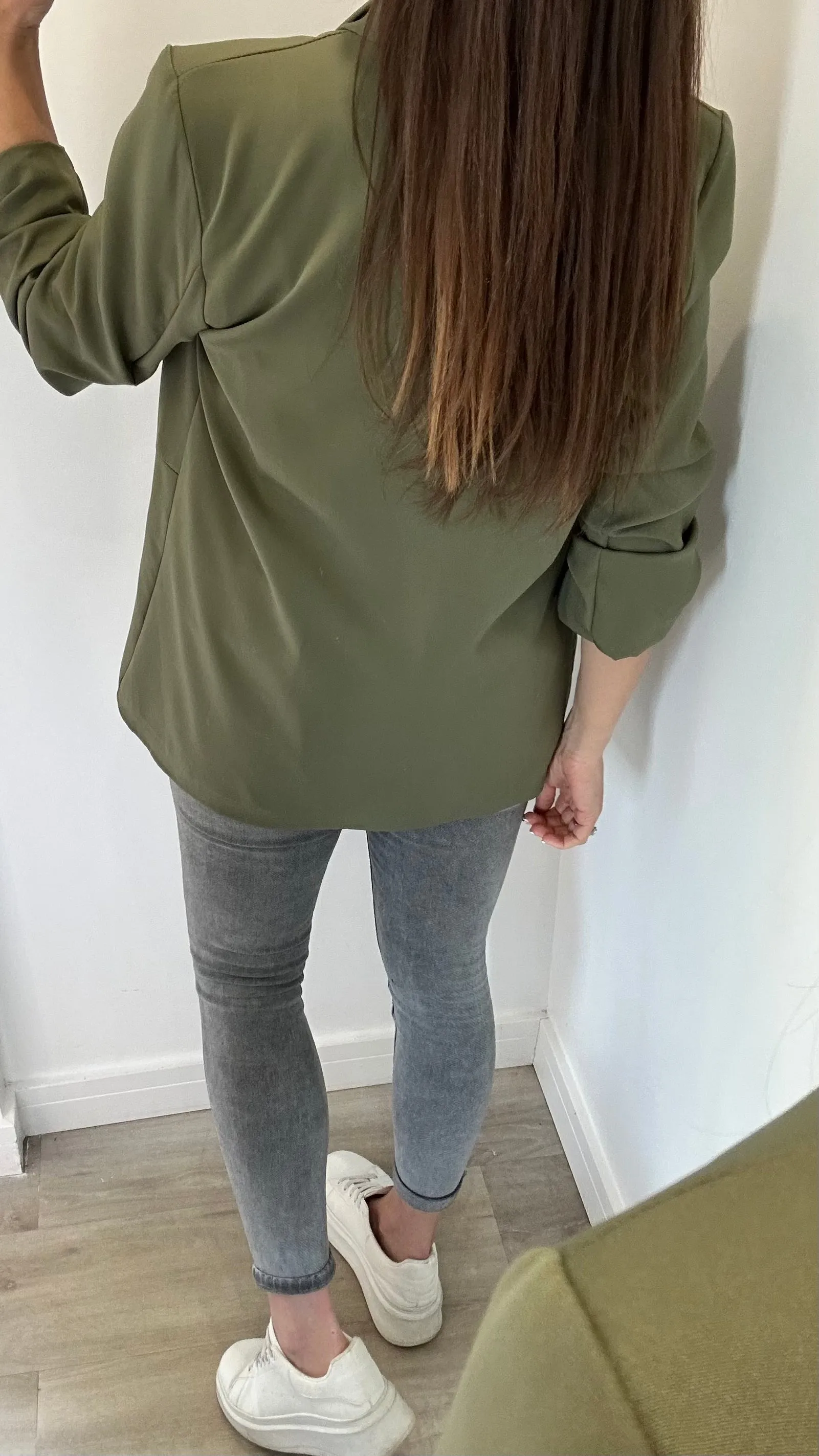 KHAKI RUCHED SLEEVE BLAZER