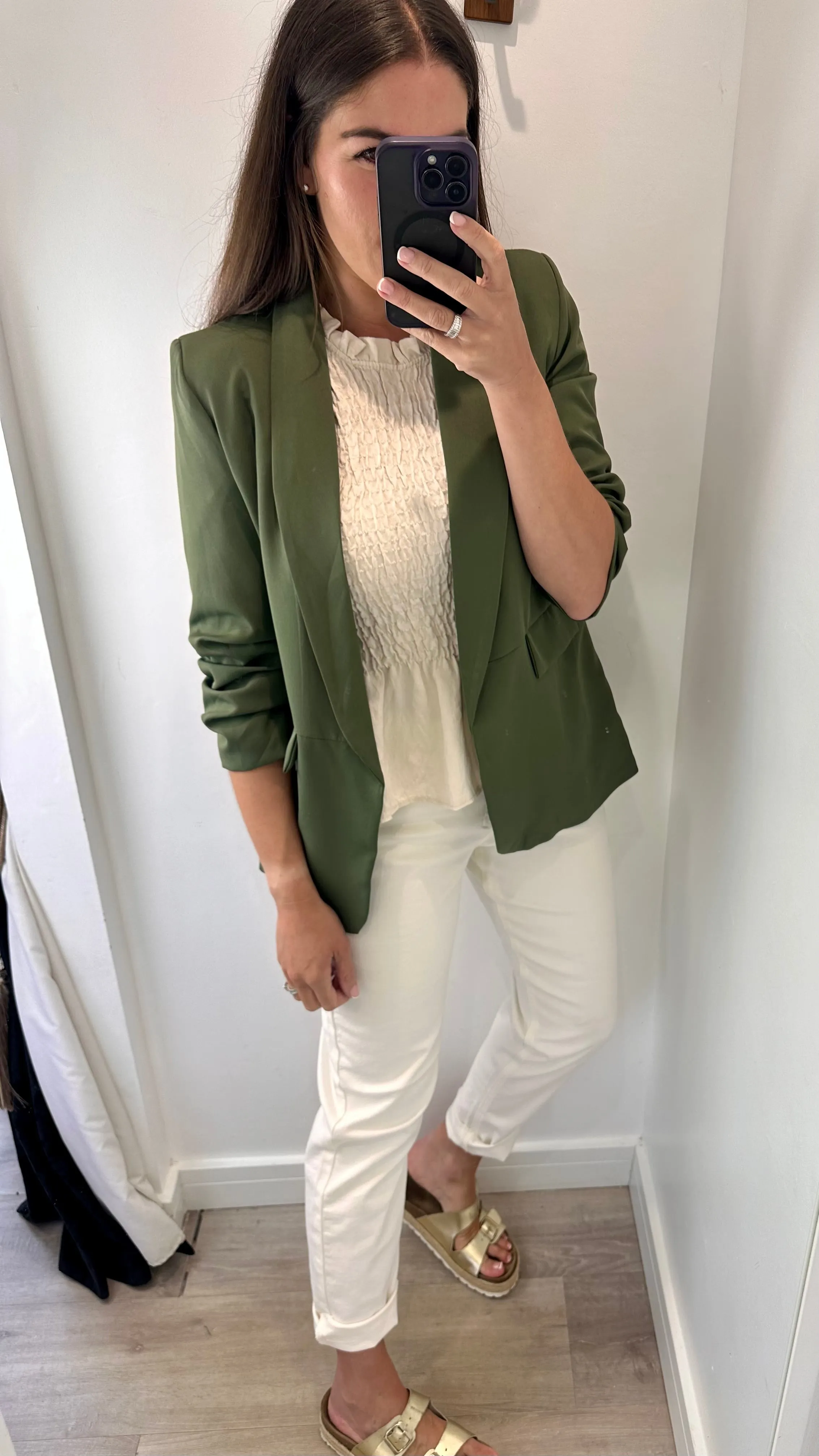 KHAKI RUCHED SLEEVE BLAZER