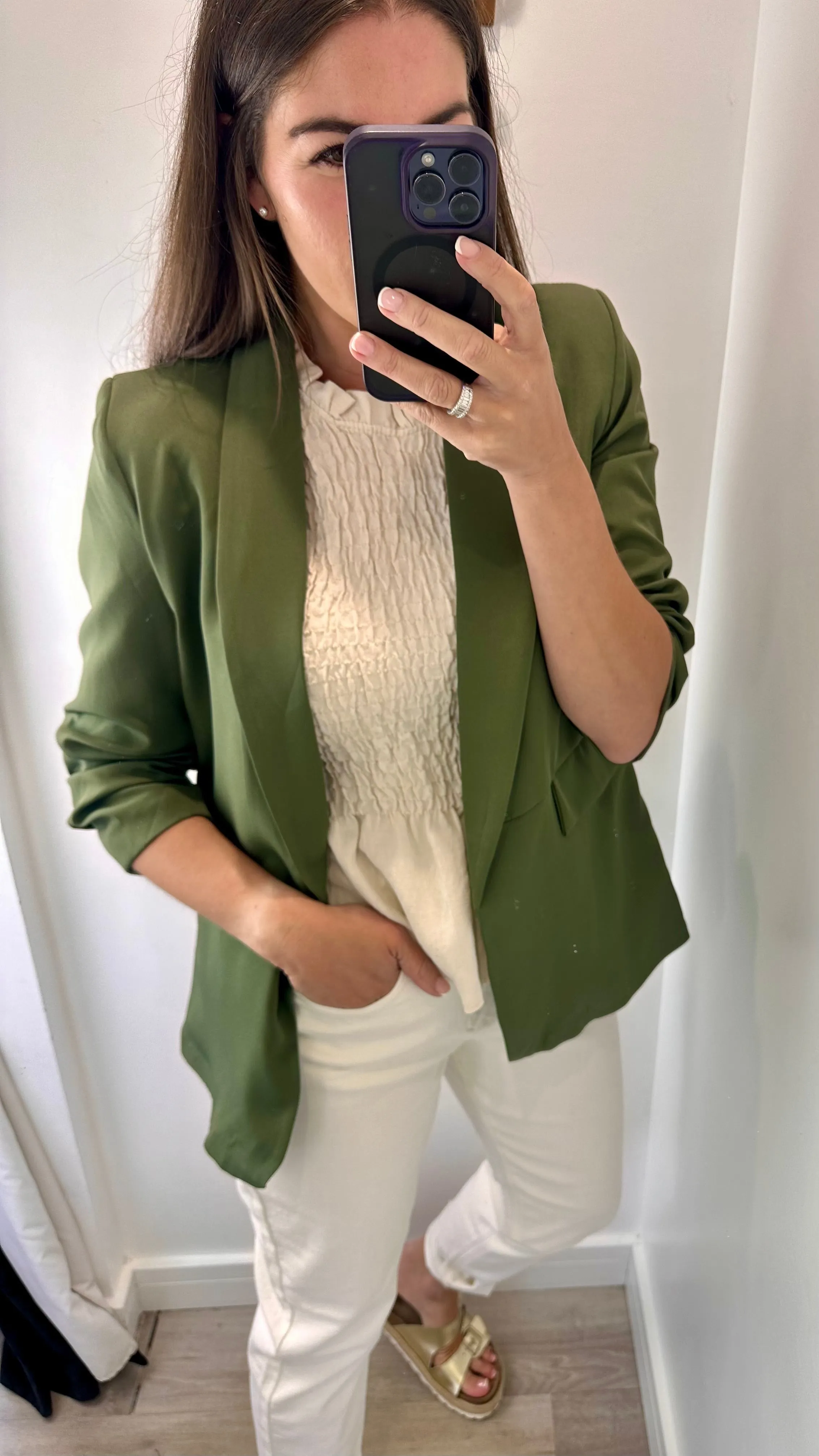 KHAKI RUCHED SLEEVE BLAZER