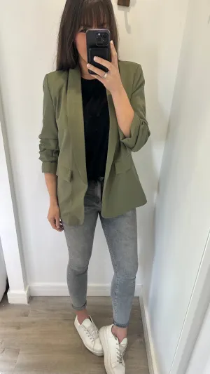 KHAKI RUCHED SLEEVE BLAZER