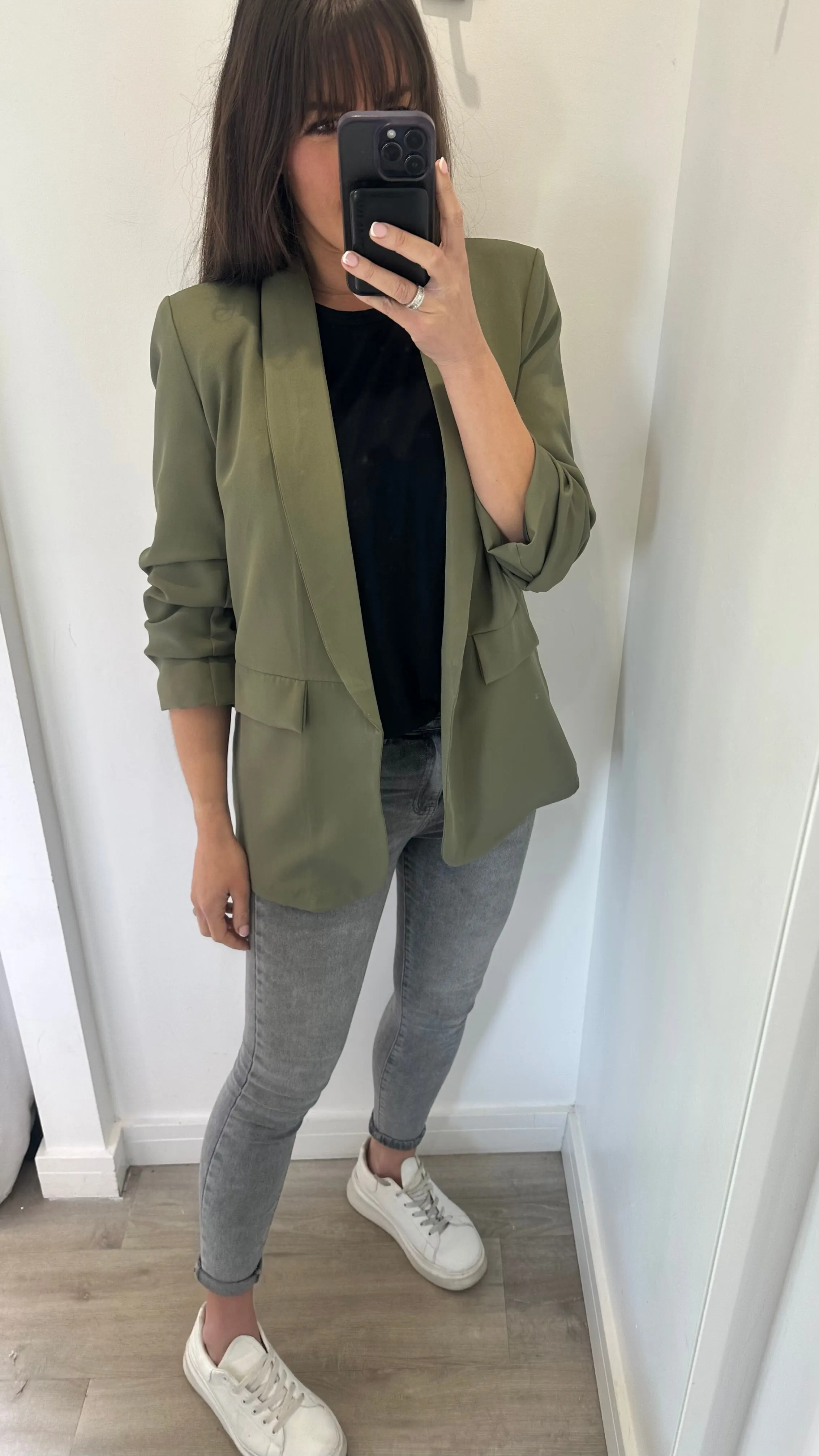 KHAKI RUCHED SLEEVE BLAZER