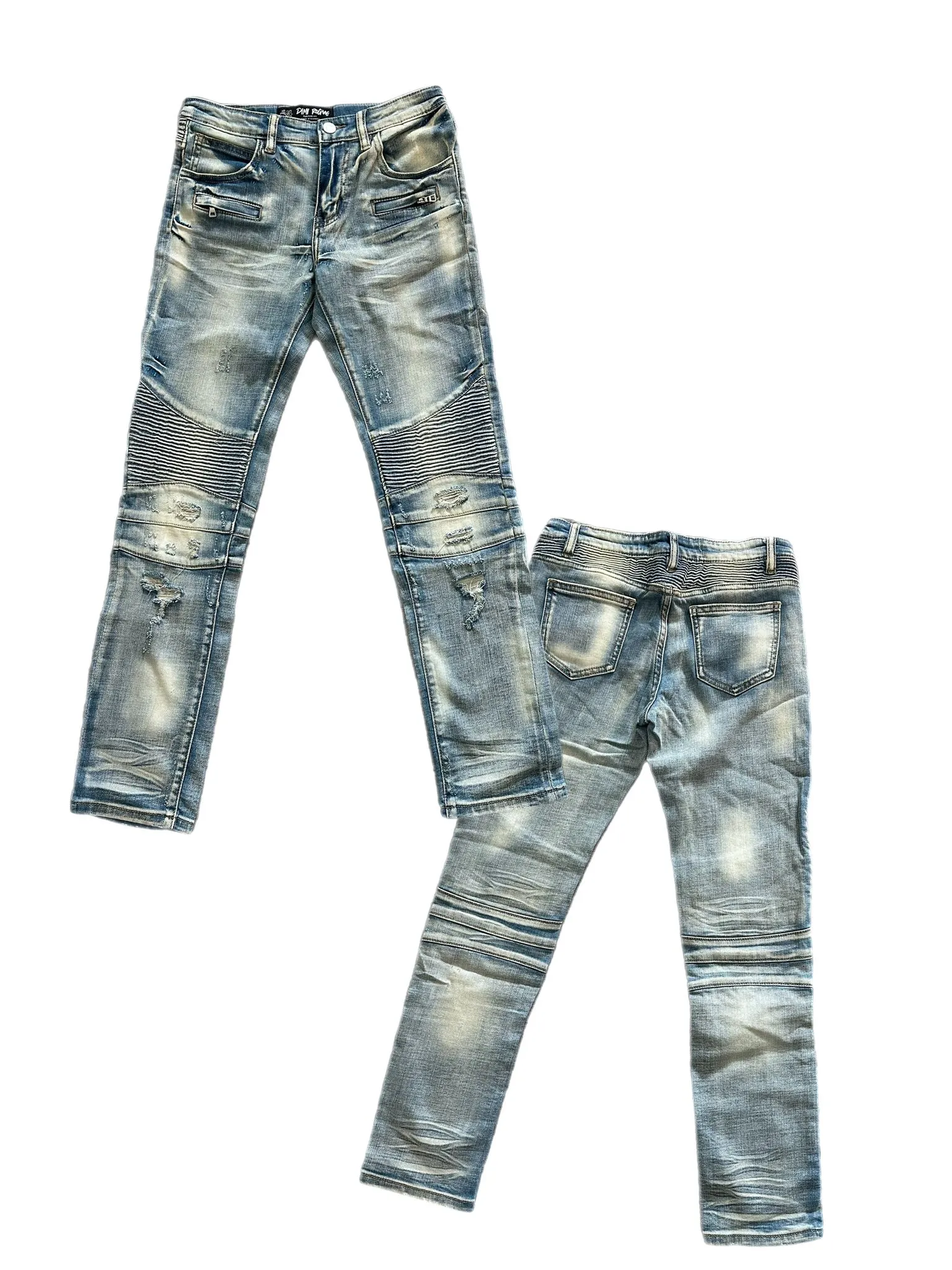 Kids  Blue Faded Tan Biker Jeans