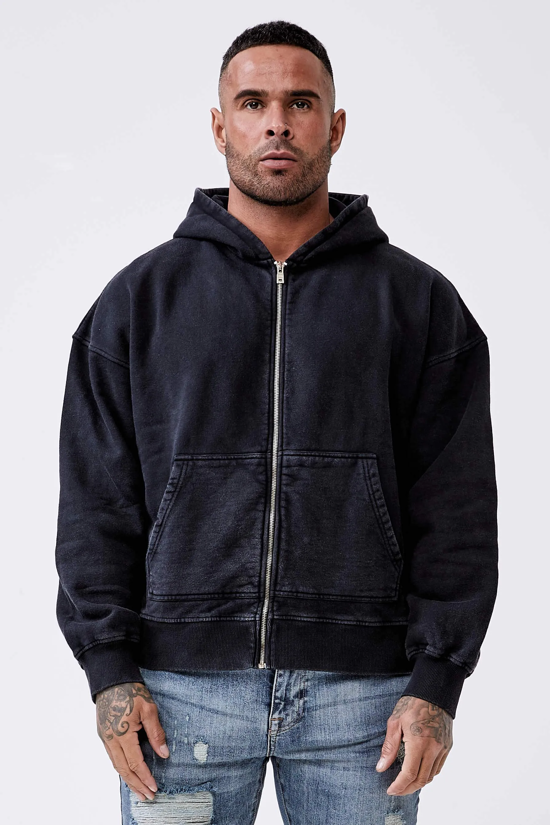 Legend* Basics Zip Through Hoodie - Washed Grey