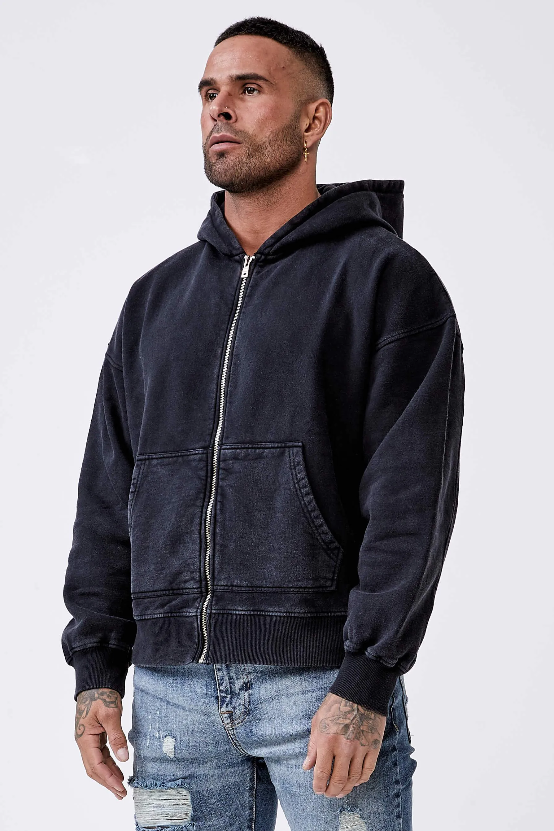 Legend* Basics Zip Through Hoodie - Washed Grey