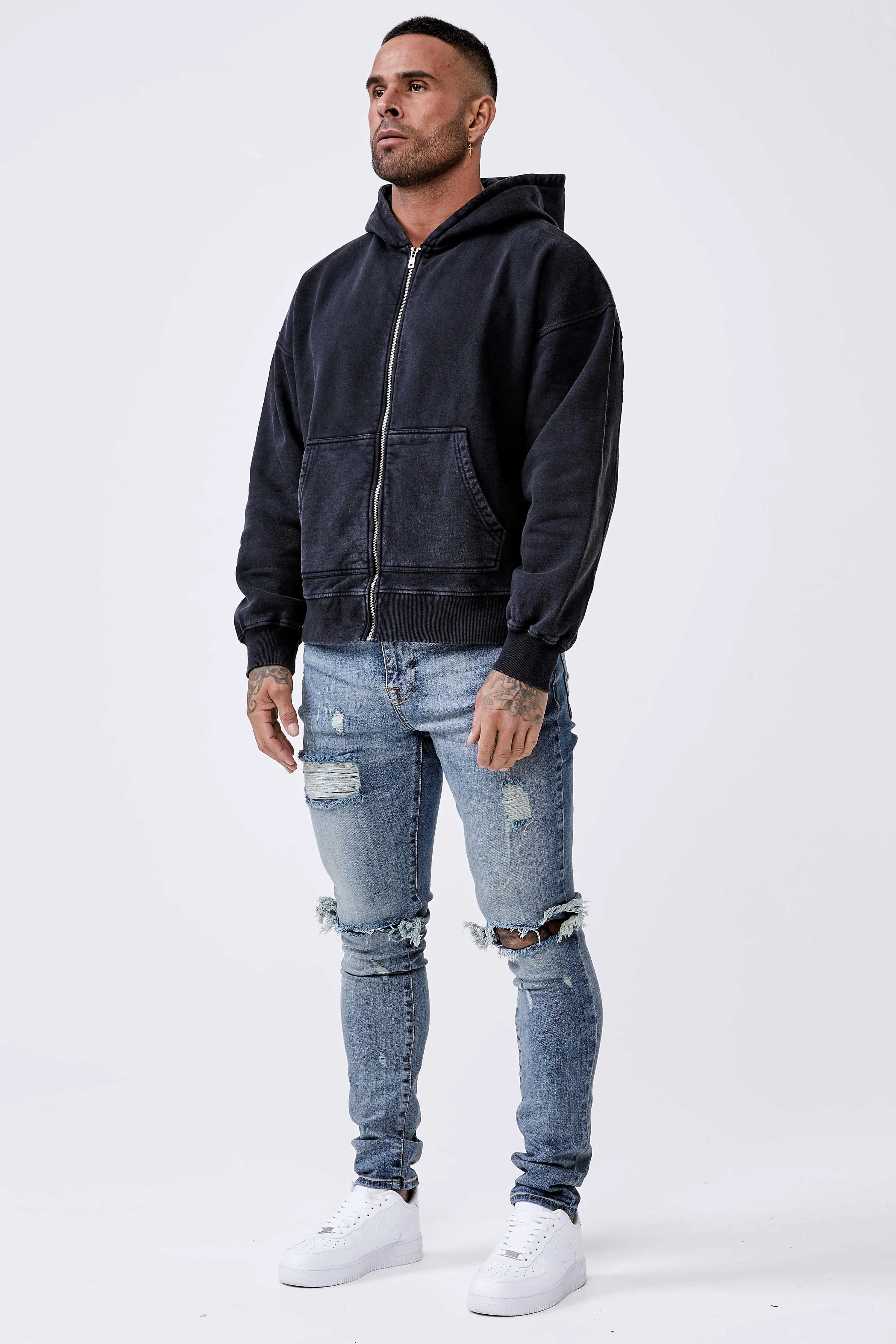 Legend* Basics Zip Through Hoodie - Washed Grey