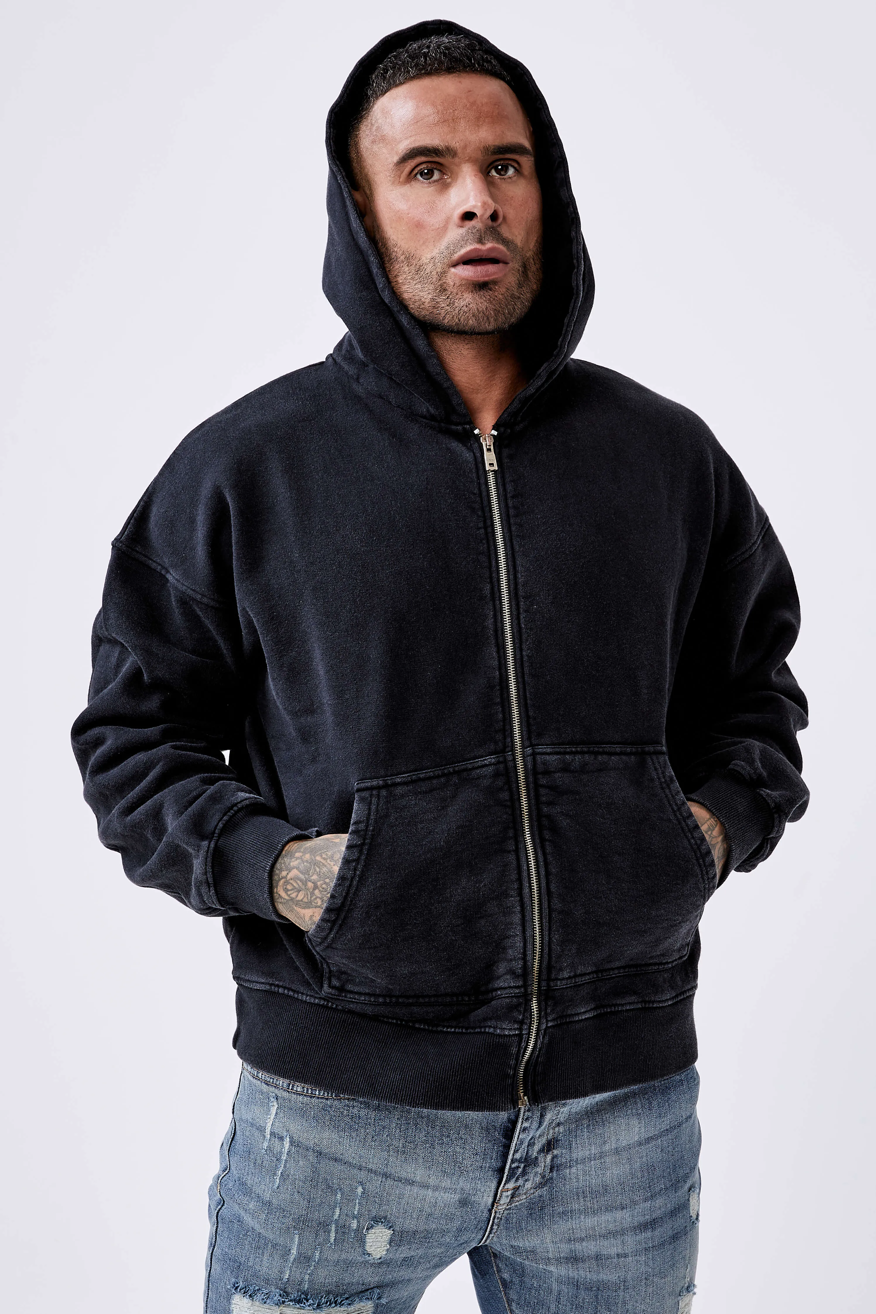 Legend* Basics Zip Through Hoodie - Washed Grey