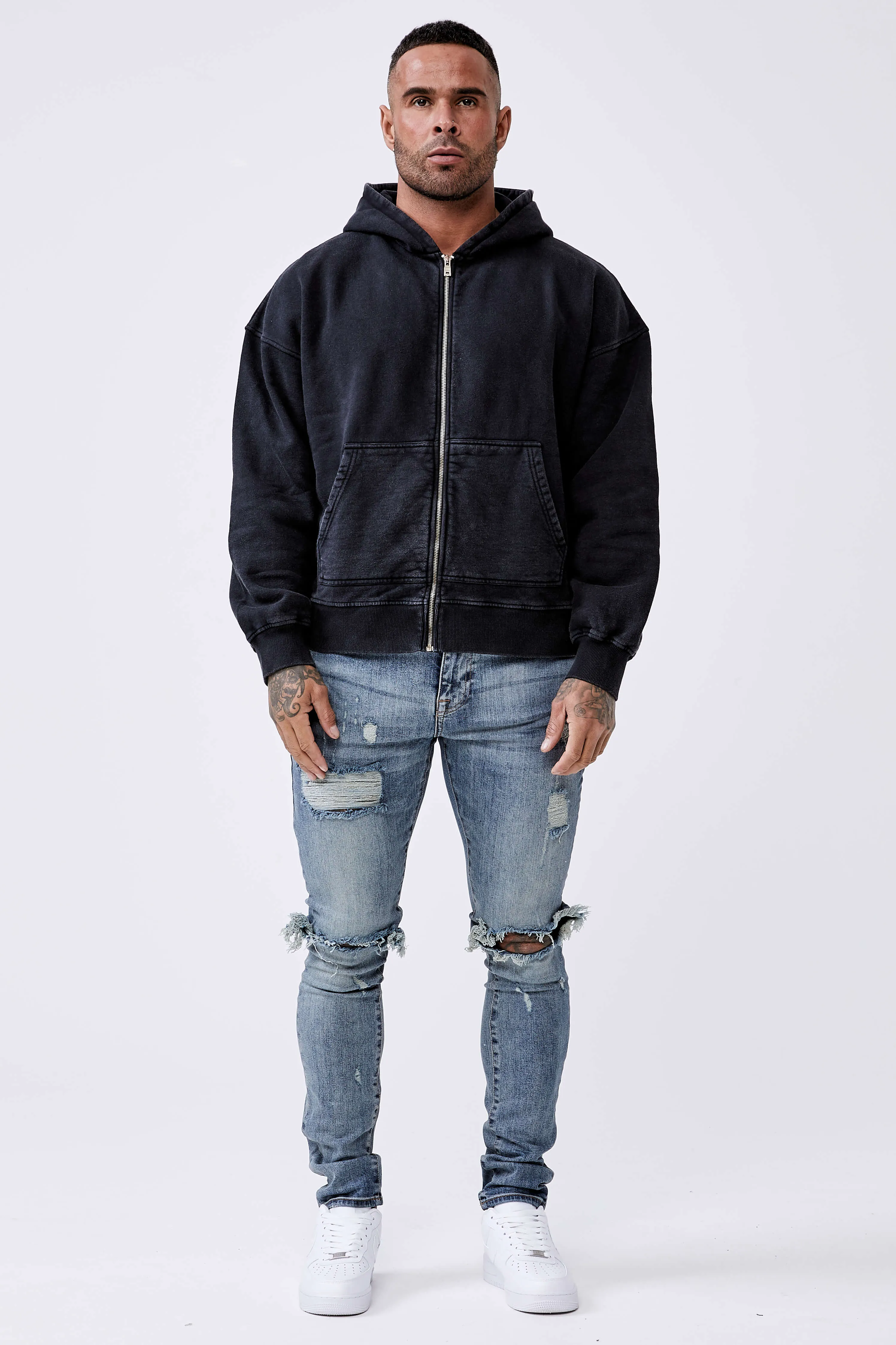 Legend* Basics Zip Through Hoodie - Washed Grey