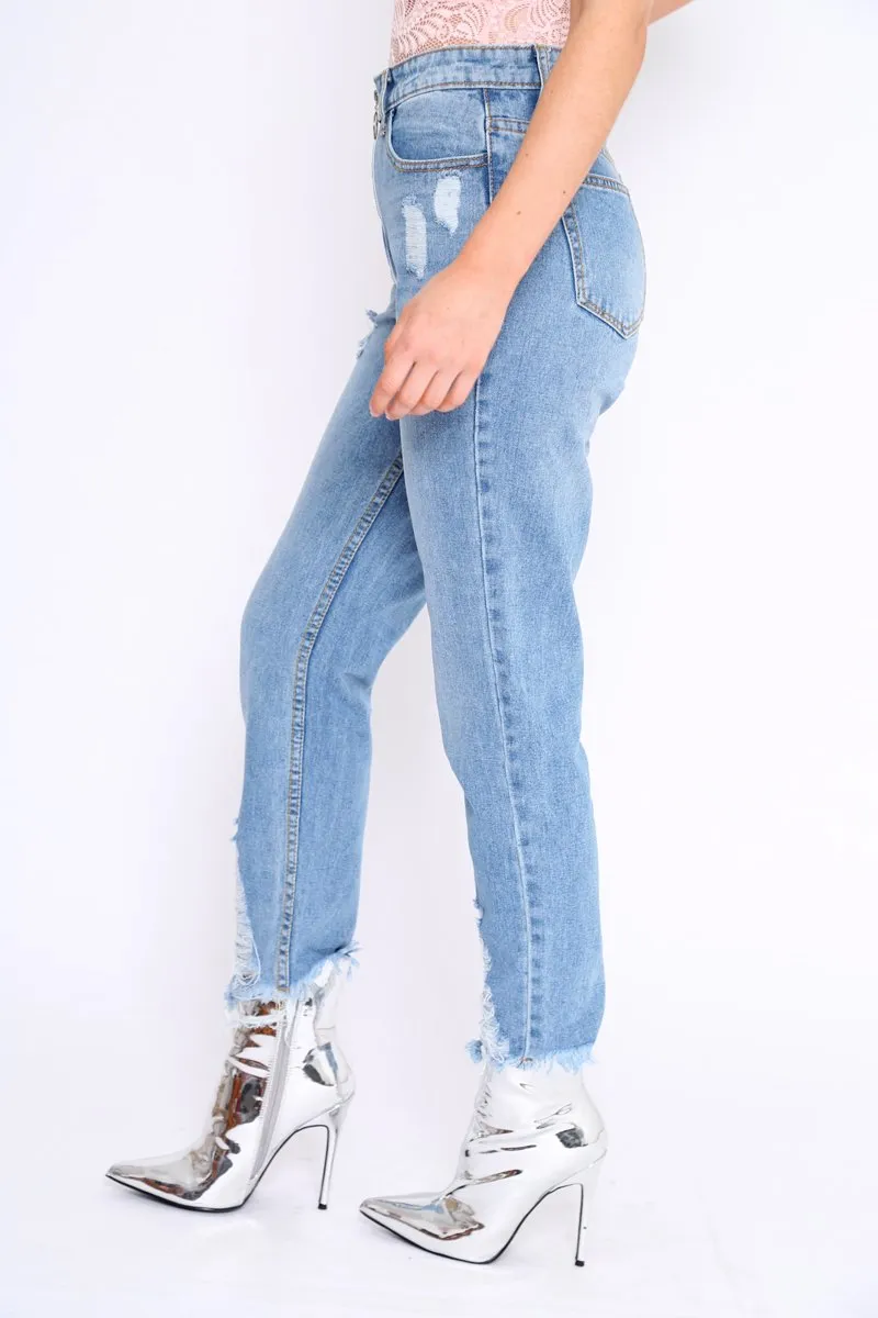 Light Wash Denim Exposed Zip Distressed Jeans - Aralyn