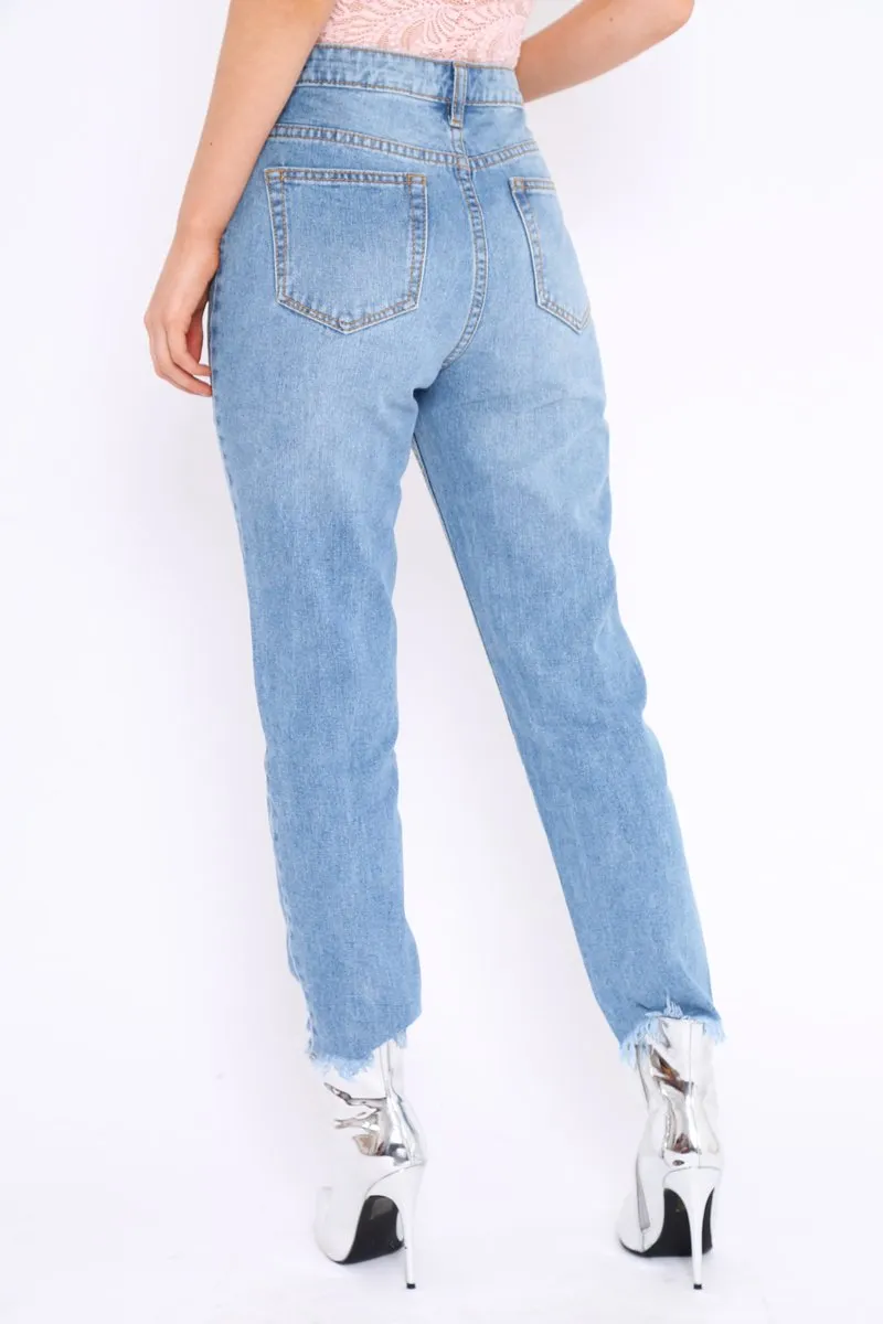Light Wash Denim Exposed Zip Distressed Jeans - Aralyn