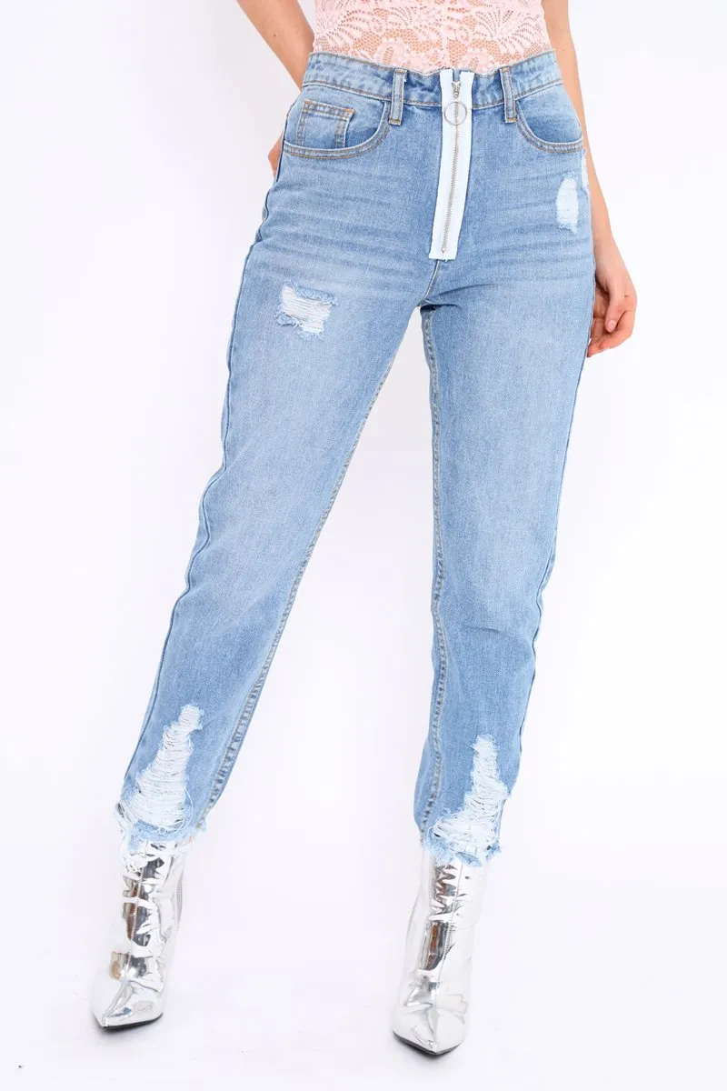 Light Wash Denim Exposed Zip Distressed Jeans - Aralyn