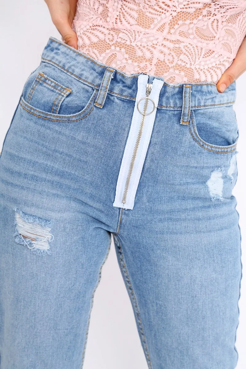 Light Wash Denim Exposed Zip Distressed Jeans - Aralyn