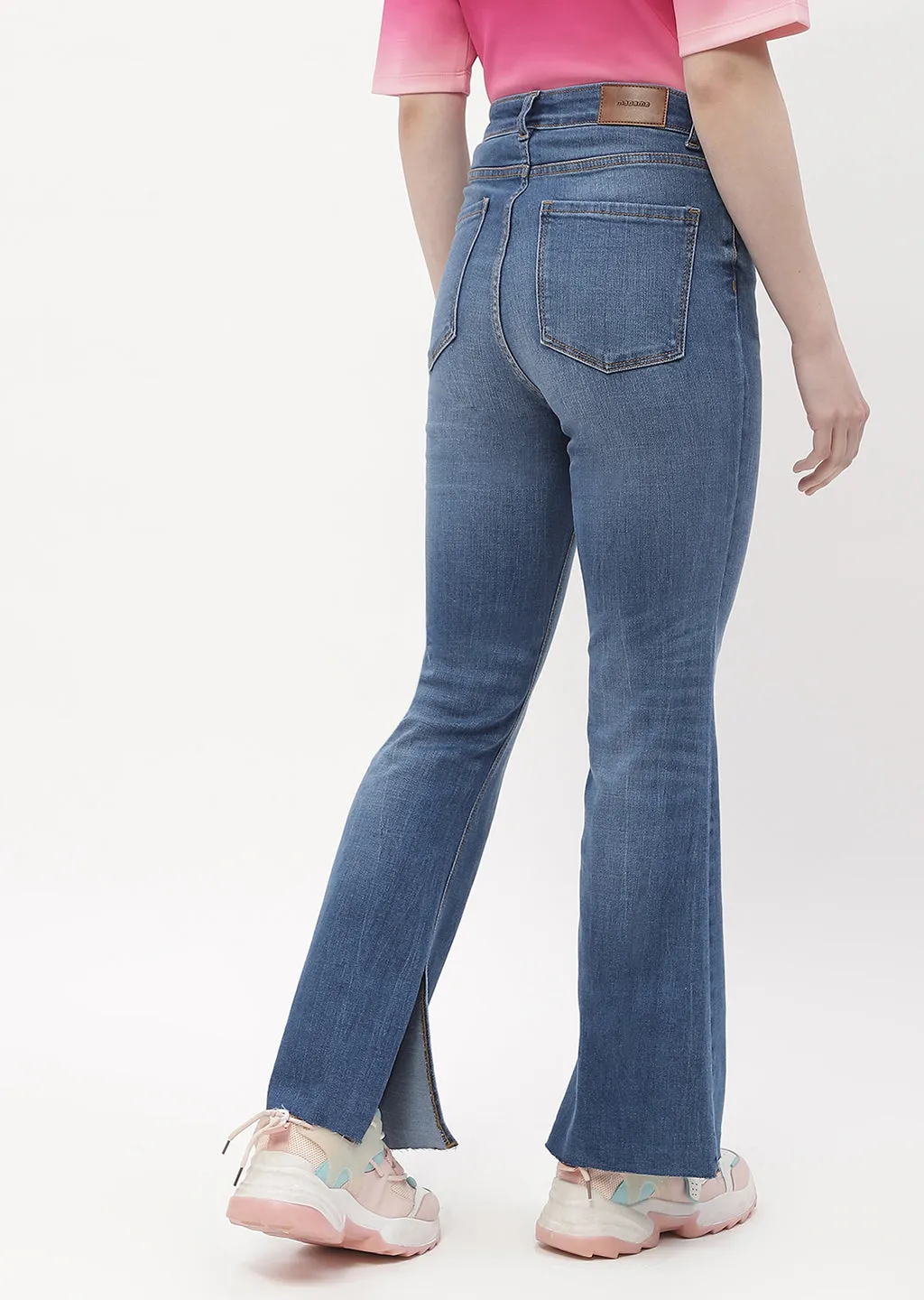 Madame Distressed Hem Mid Blue Flared Jeans