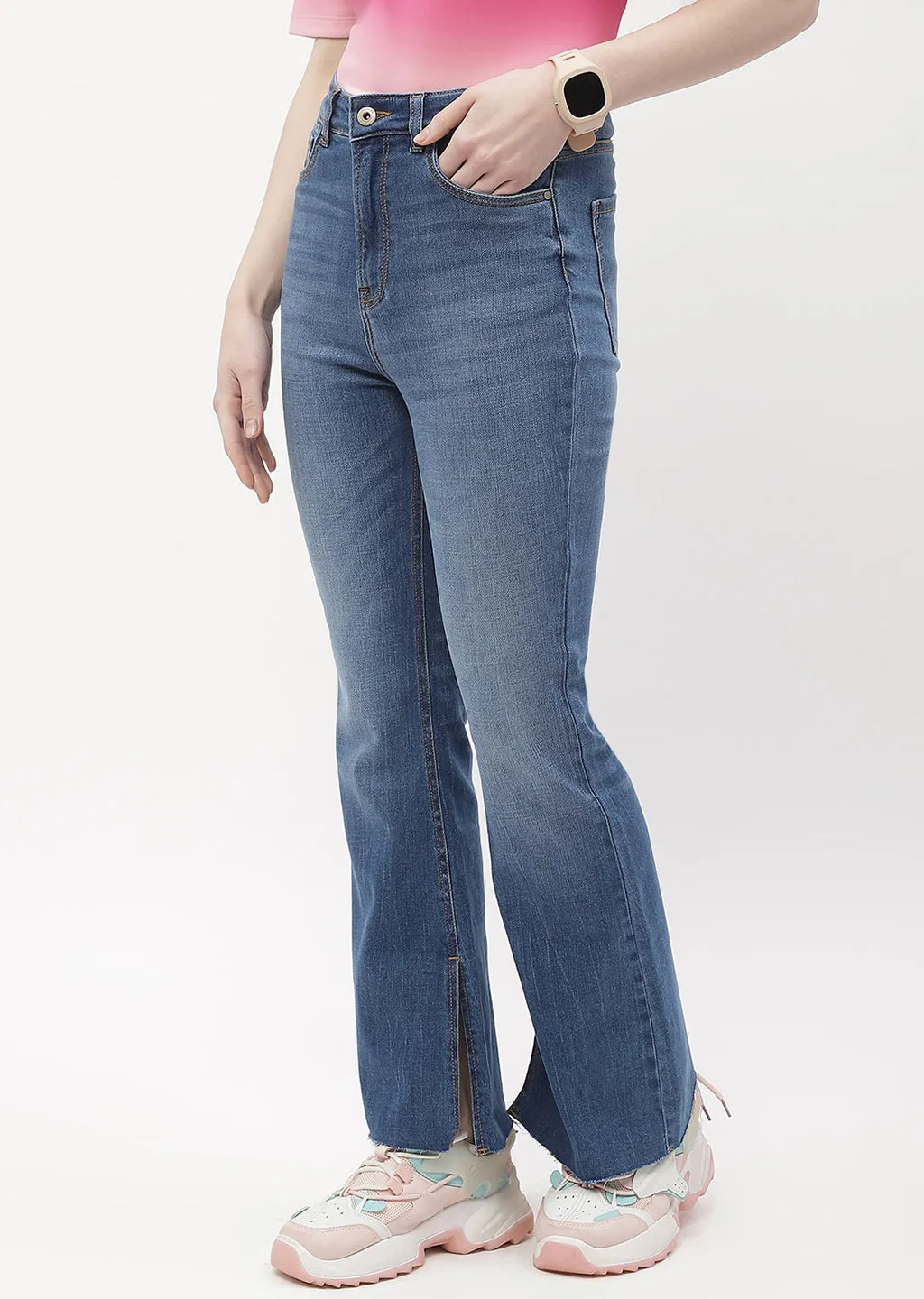 Madame Distressed Hem Mid Blue Flared Jeans