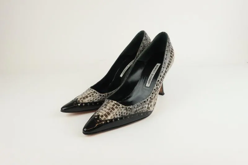 Manolo Blahnik Brogue Pumps Watersnake & Black Patent Size 38.5 Pointed Toe Heel