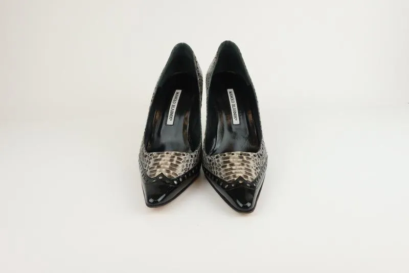 Manolo Blahnik Brogue Pumps Watersnake & Black Patent Size 38.5 Pointed Toe Heel