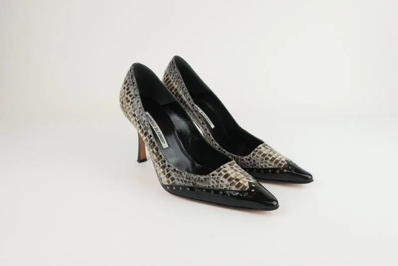 Manolo Blahnik Brogue Pumps Watersnake & Black Patent Size 38.5 Pointed Toe Heel