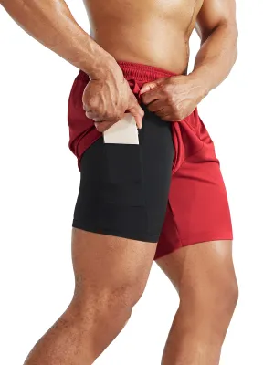 Mens 2 in 1 Dry Fit Workout Shorts w/ Liner & 3 Pa ckPockets,Black Gray Red