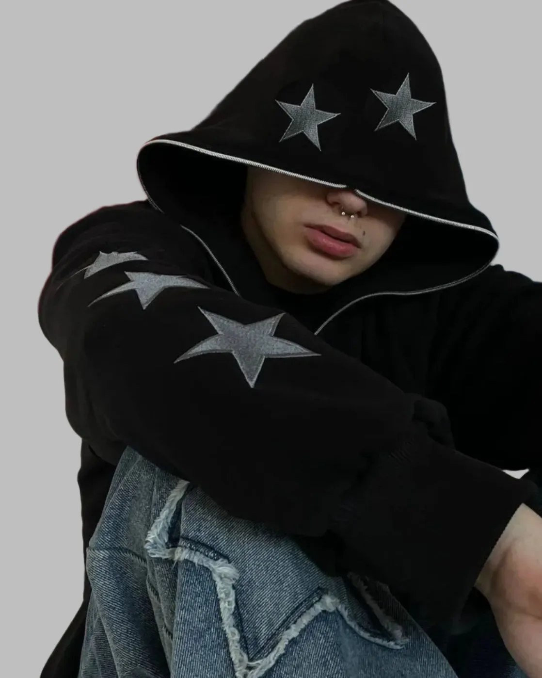 Men's Star Embroidery Zip Up Hoodie