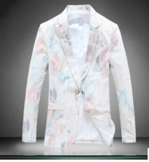 Men's White Striped Painted Blazer