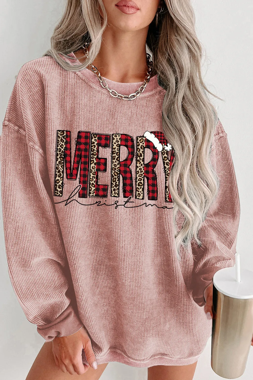 MERRY Christmas Plaid Corded Sweatshirt