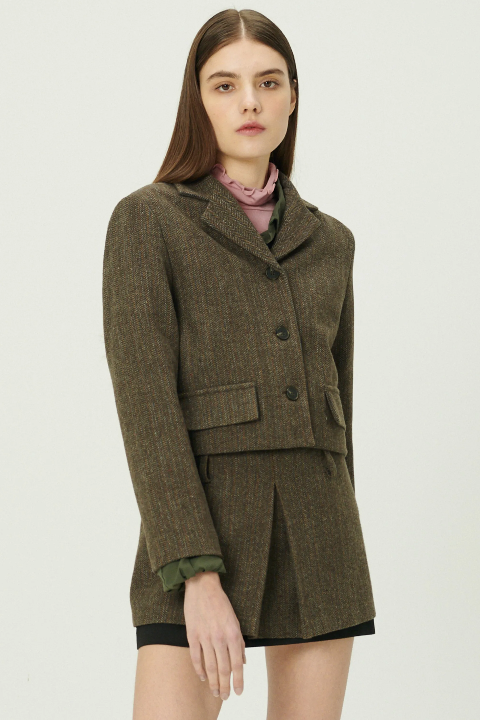 Miquela Herringbone Crop Blazer