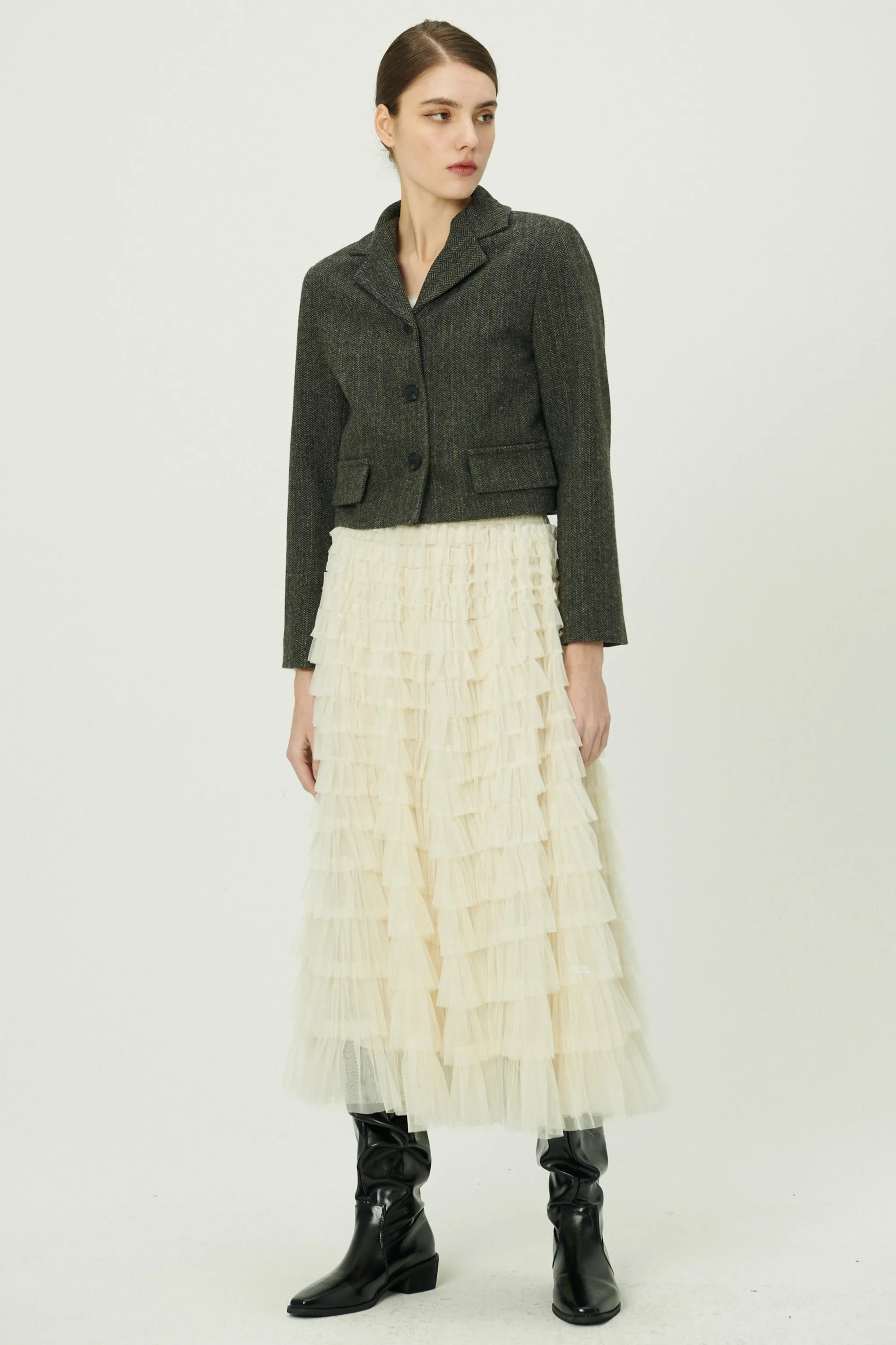 Miquela Herringbone Crop Blazer