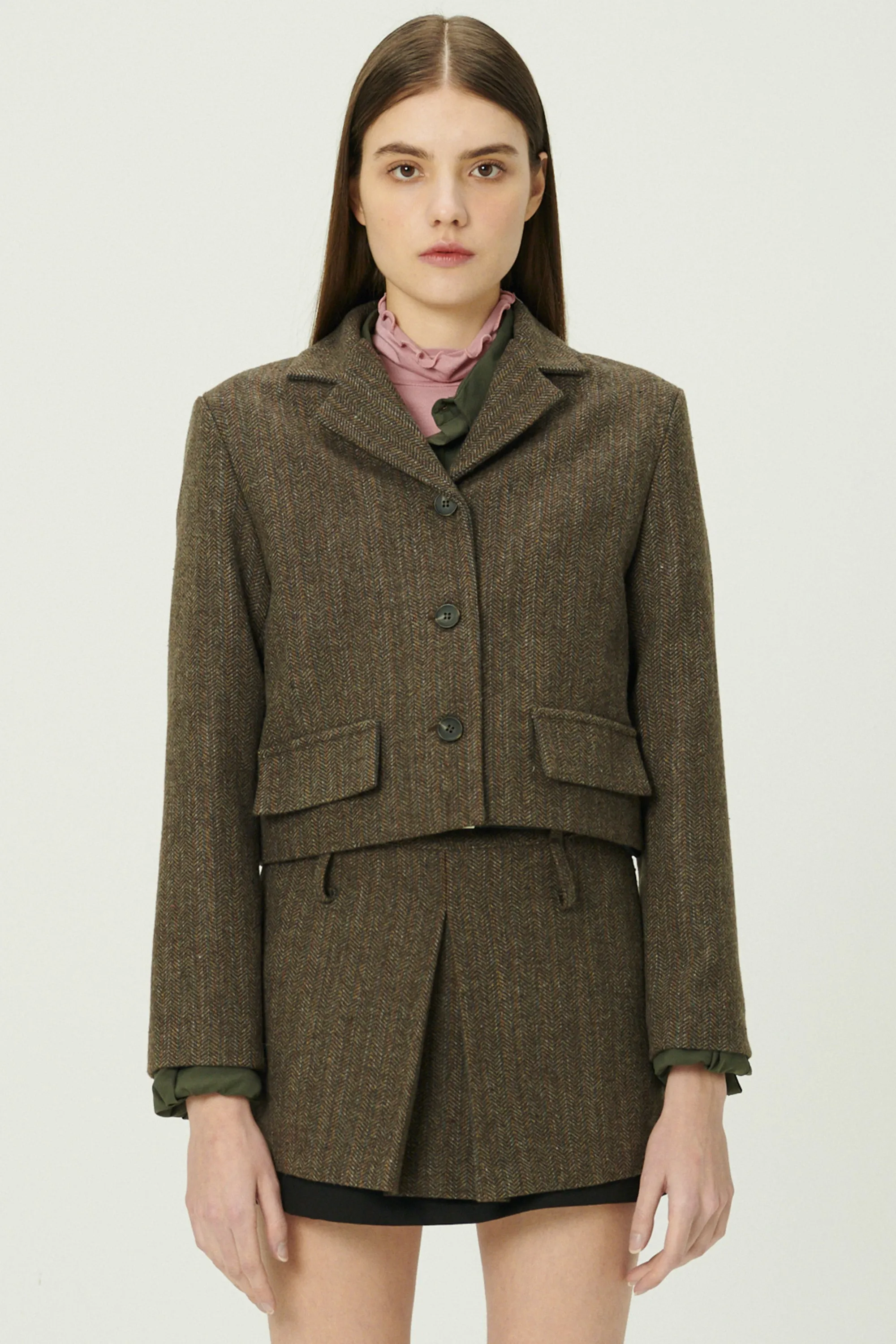 Miquela Herringbone Crop Blazer