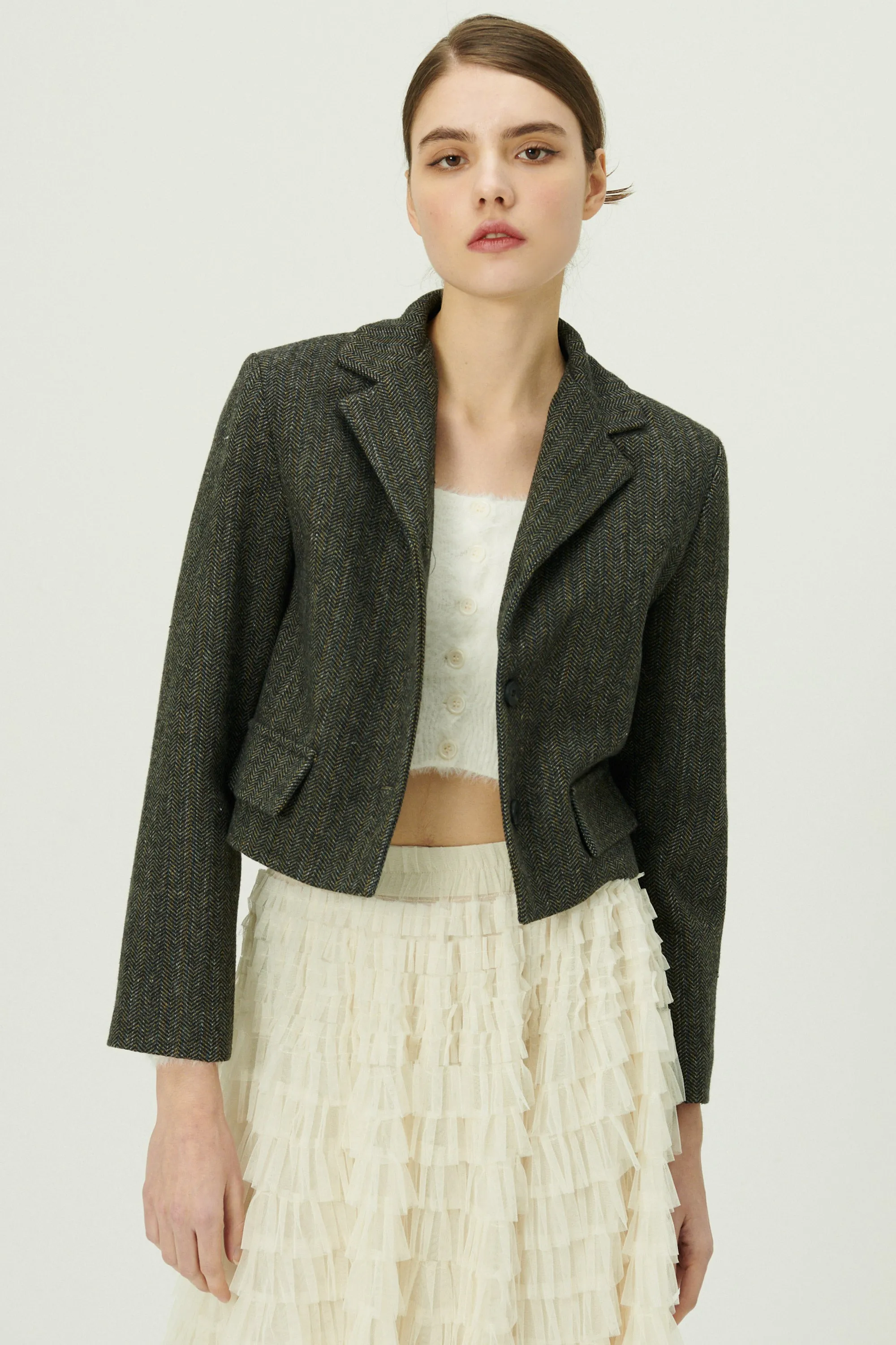 Miquela Herringbone Crop Blazer
